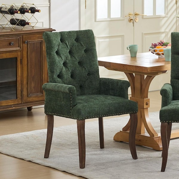 Ondine Green Chenille Fabric Accent Dining Chair with Curved Solid Wood Legs