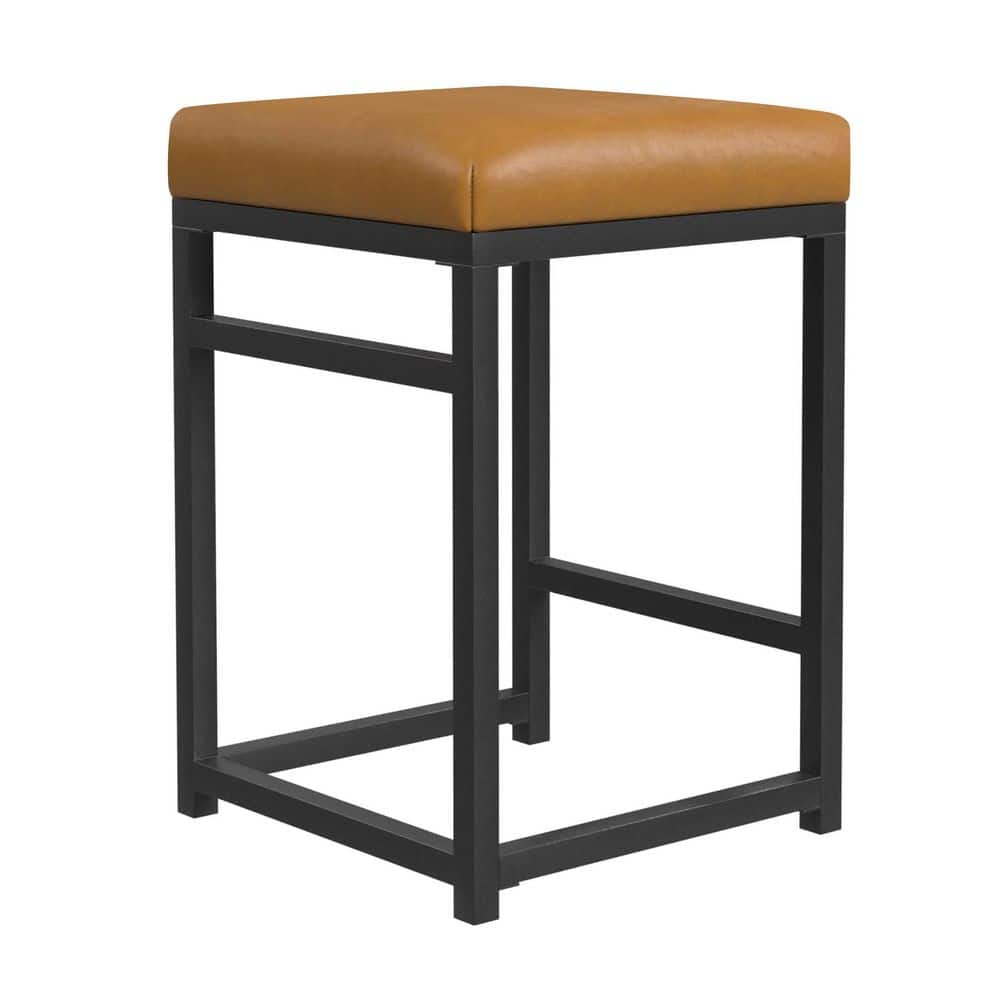 24" Black Metal Counter Height Stool with Carmel Faux Leather Seat