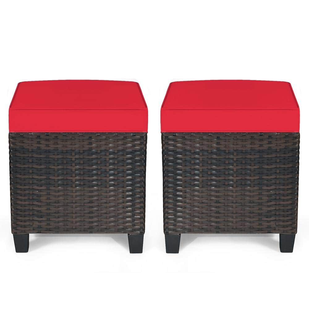 Mix Brown Frame Wicker Outdoor Ottomans with Red Cushions (2-Pack)
