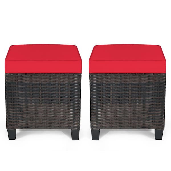 Unbranded Mix Brown Frame Wicker Outdoor Ottomans with Red Cushions (2-Pack)