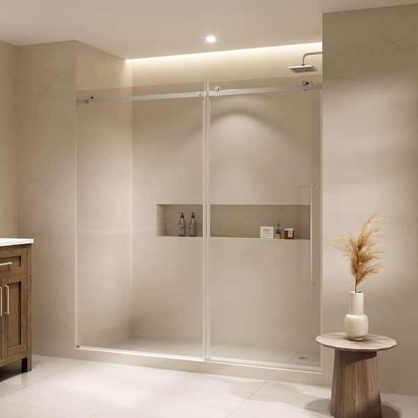 Selby 72.01 in. W x 74.02 in. H Sliding Frameless Shower Door with Clear Glass in Satin Nickel