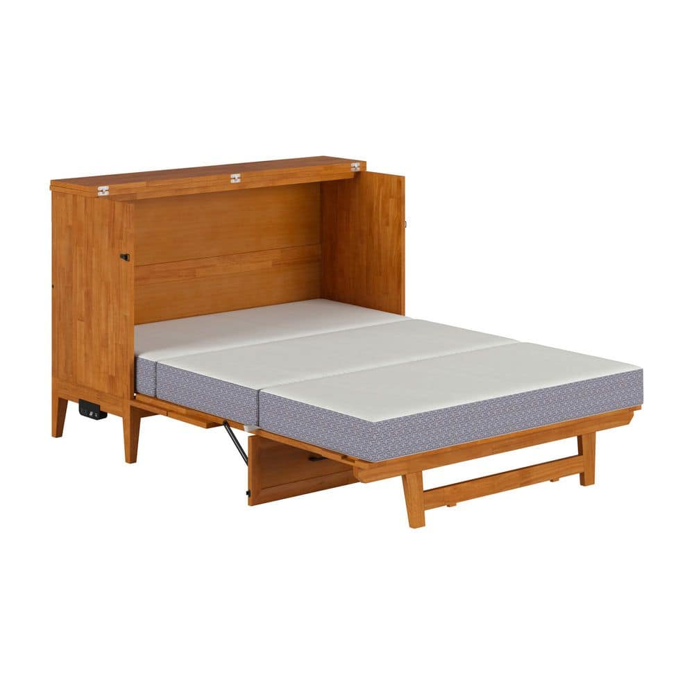 Light Toffee Full Wood Murphy Bed Chest with Mattress and USB Charger