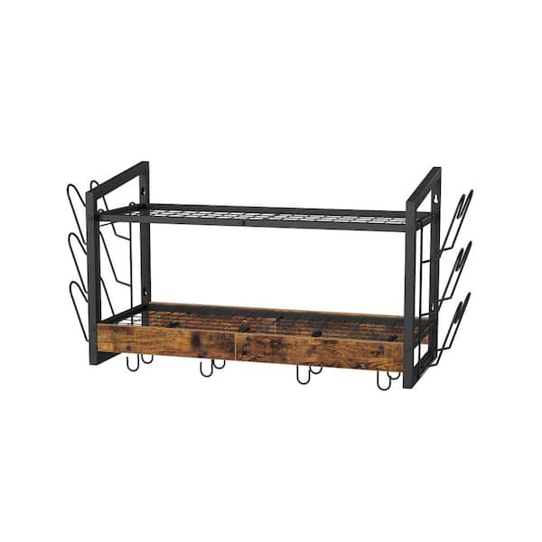 Rustic Brown Wall Mounted Pot Rack 2-Tier Kitchen Organizer with 12 Hooks for Pots Pans Utensils Storage