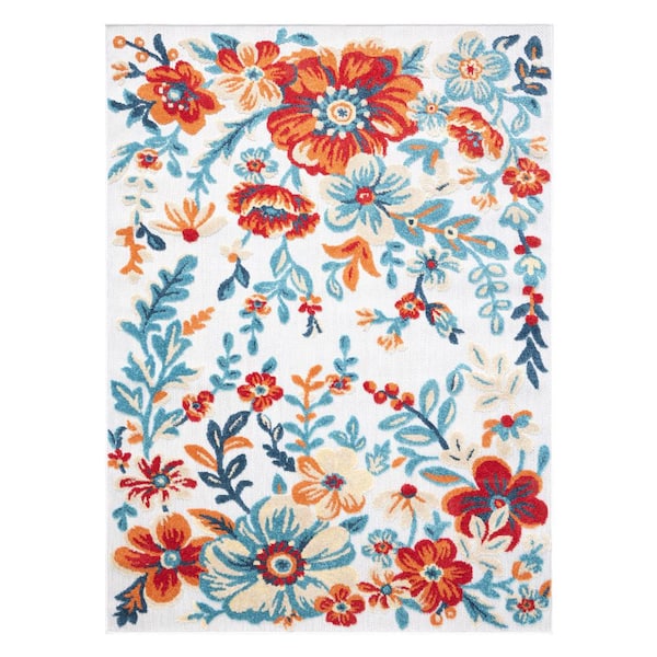 TOWN & COUNTRY LIVING Hibiscus Bloom Ivory/Red 5 ft. x 7 ft. Floral Modern Indoor/Outdoor Patio Area Rug
