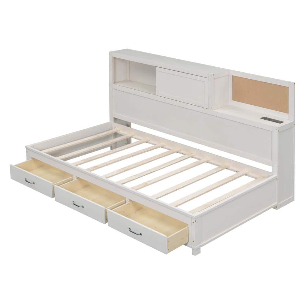 White Pine Wood Twin Daybed with Storage Drawers and Shelves