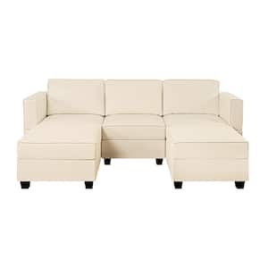 87.01 in. W Faux Leather Sofa with Double Ottoman Streamlined Comfort for Your Sectional Sofa in Beige