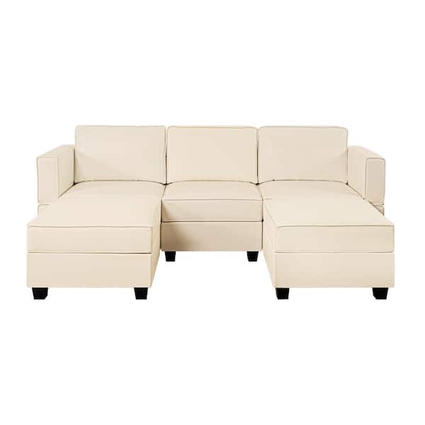 HOMESTOCK 87.01 in. W Faux Leather Sofa with Double Ottoman Streamlined Comfort for Your Sectional Sofa in Beige