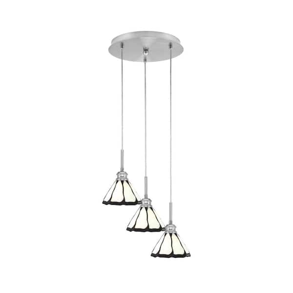 Unbranded Savannah 12.75 in. 3-Light Brushed Nickel Cord Pendant Light Pearl & Black Flair Art Glass Shade