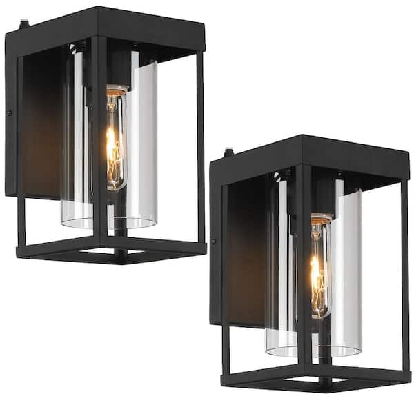TRUE FINE 9 in. 1-Light Dusk to Dawn Black Outdoor Hardwired Wall Lantern Light with No Bulbs Included (Set of 2)