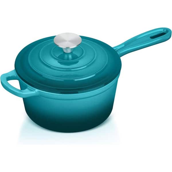 1 qt. Enameled Cast Iron Nonstick Sauce Pan in Lake Green with Lid for All Cooktops, Heavy Duty, Up to 500°F