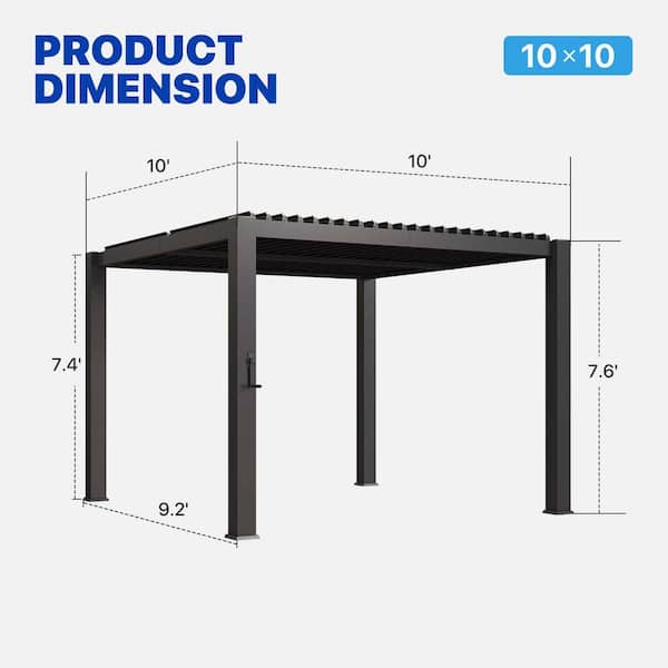 Sizzim 10 ft. x 10 ft. Black Metal Pergola with Adjustable