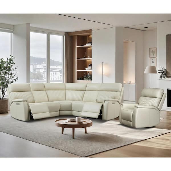 Grant 105 in. 6-pieces Genuine Leather Triple Power Sectional and Recliner Living Room Set with Zero Gravity in Cream
