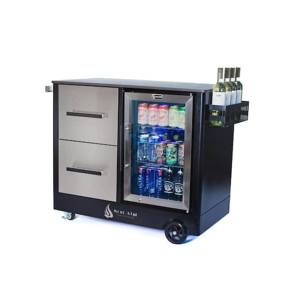 Grill Table 48 in. Outdoor Kitchen Island Rolling Bar Cart Prep Station + Ceramic Top + Refrigerator in Stainless Steel