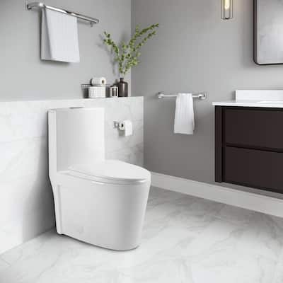 1-piece 1.1/1.6 GPF Dual Flush Elongated Toilet in Glossy White Seat Included Siphonic Jet