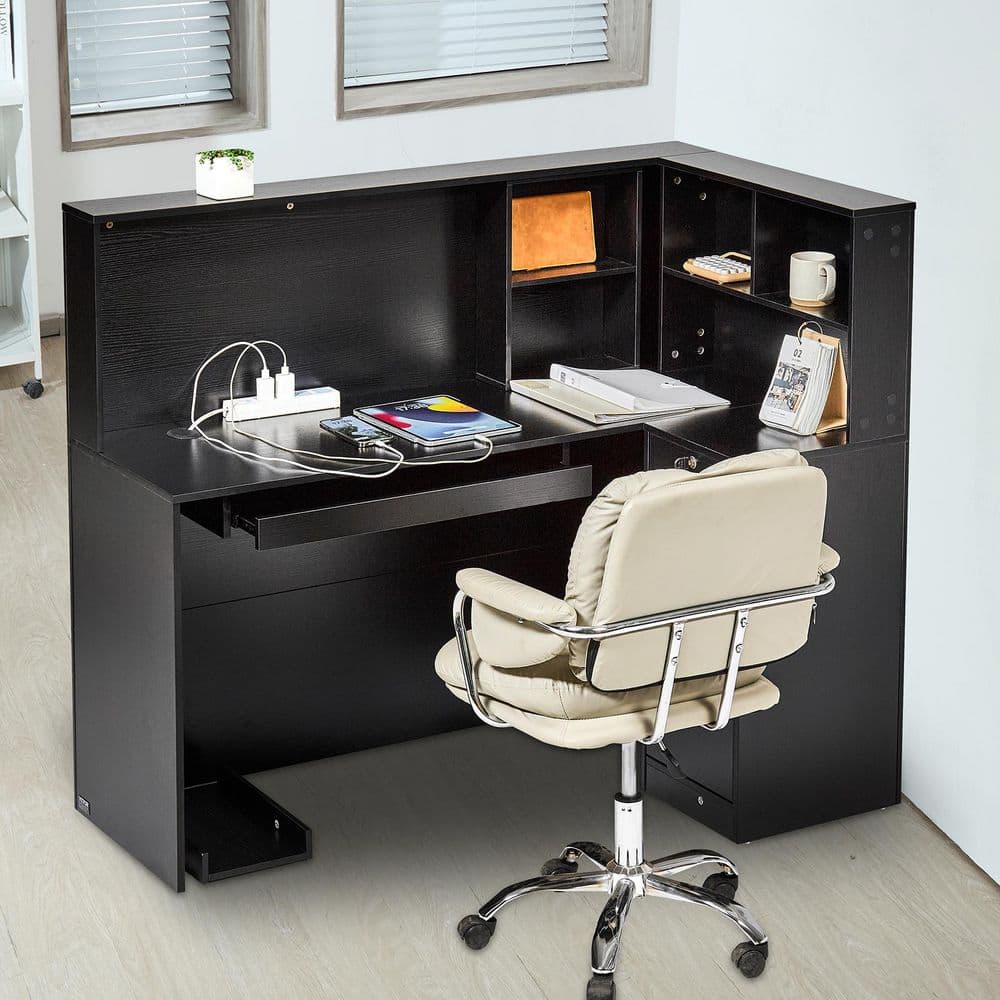 Reception Desk, 55 in. L-Shaped Front Counter Table, Office Reception Counter with Drawer Keyboard Tray, Black
