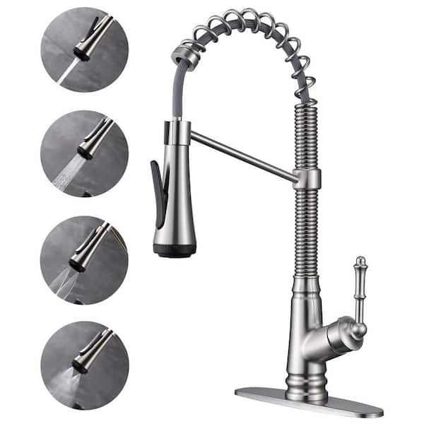 ELLO&ALLO Single Handle Pull Down Sprayer Kitchen Faucet with Deckplate Included and 4 Spray in Brushed Nickel