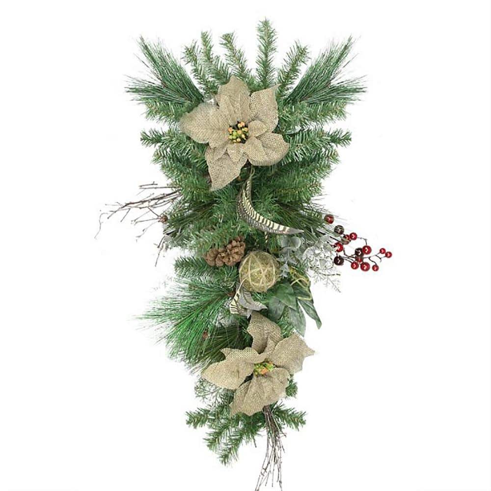Northlight 28 in. Unlit Autumn Harvest Burlap Poinsettia Moss Ball Mixed  Pine and Berries Fall Teardrop Swag 31736443 The Home Depot