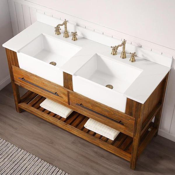 IOUISE 60 in. W x 22 in. D x 35.7 in. H Bath Vanity in Brown with White Quartz Vanity Top with White Basin