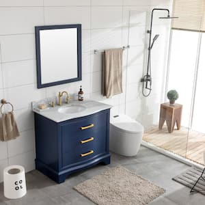 Monroe 36 in. W x 22 in. D Bath Vanity in Navy Blue with Natural Marble Vanity Top in Carrara White with White Sink