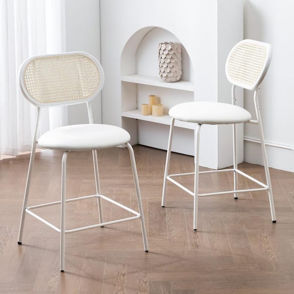 LUE BONA 24 in. White Metal Frame Low Back Rattan Counter Height Bar Stools with Faux Leather Seat (set of 2)