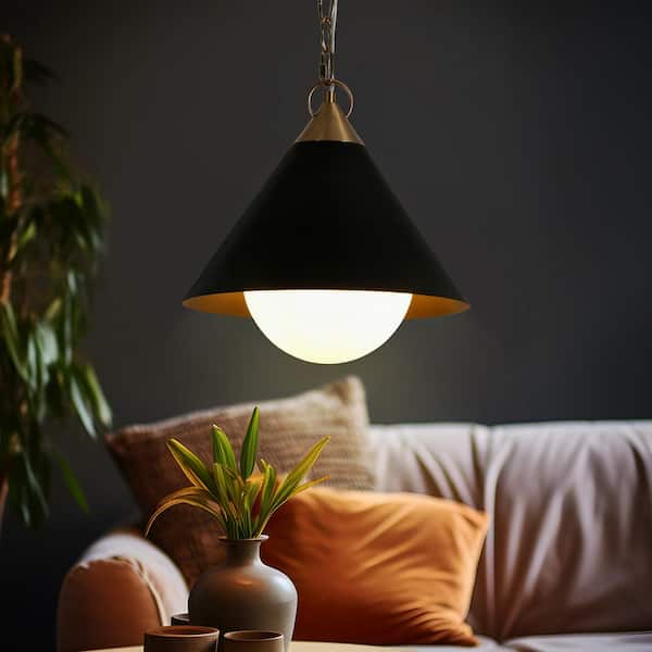 LNC Libbaconion 40-Watt 1- Light Matte Black and Plating Brass Pendant Light with White Jade Glass and No Bulb Included