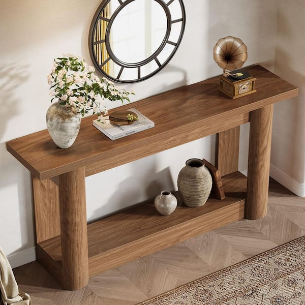 Turrella 63 in. Rectangle Brown Wood Rectangle Behind Sofa Entryway Couch Wall Console Table Home Office 2-Tier Shelves
