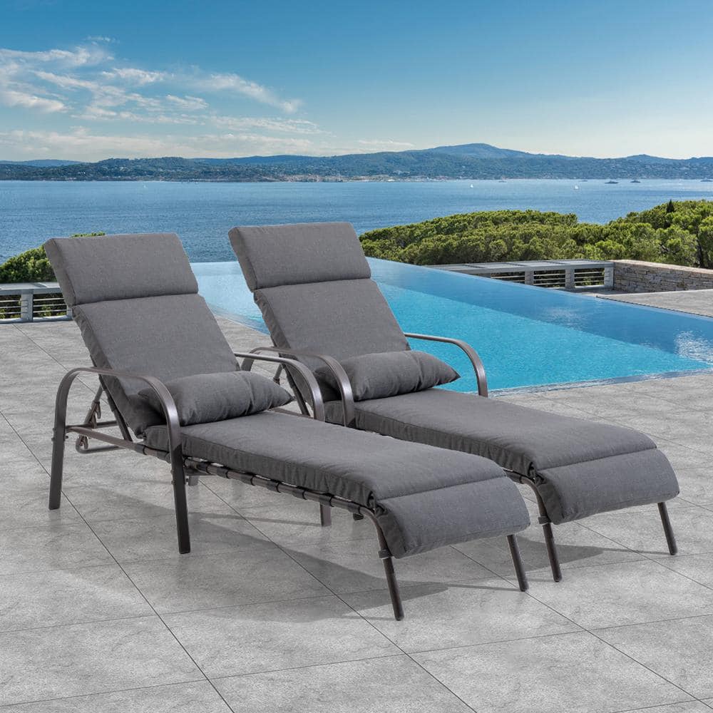 Dark Gray Adjustable Steel Chaise Lounge Chairs with Cushions, Set of 2