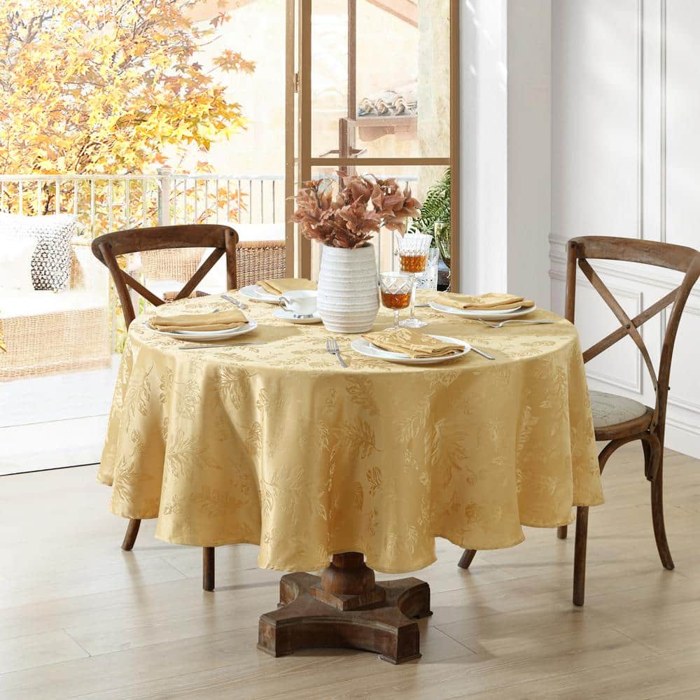 Gold Jacquard Damask Round Fall Tablecloth, 70"
