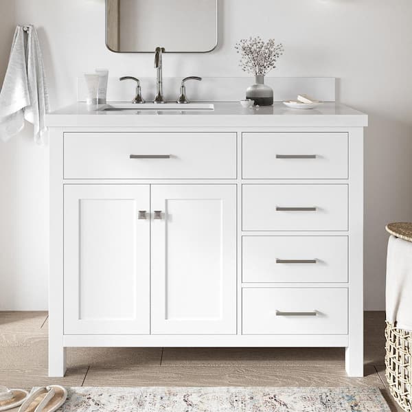 ARIEL Bristol 43 in. W x 22 in. D x 36 in. H Freestanding Bath Vanity in White with Pure White Quartz Top
