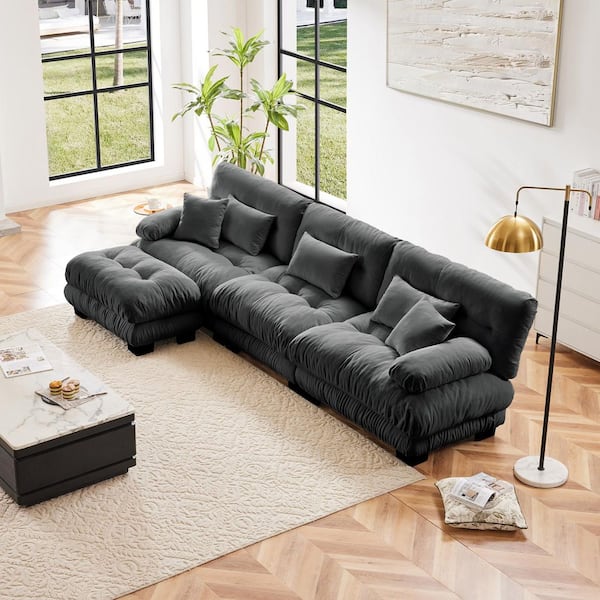 133.8 in. W Chenille Oversized L Shaped Modular Sectional Sofa with Convertible Ottoman in Gray