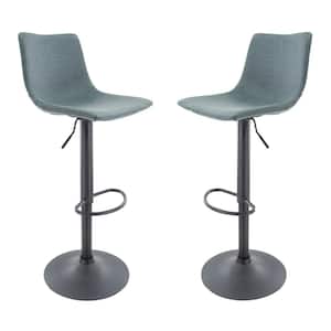 Tilbury Modern Adjustable Leather Bar Stool Black Iron Base With Footrest & 360-Degree Swivel Set of 2 in Peacock Blue