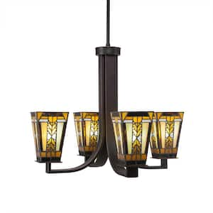 Aspen 4-Light Dark Granite Chandelier, Square Chandelier with 5 in. Square Art Glass Glass Shades, No bulbs included