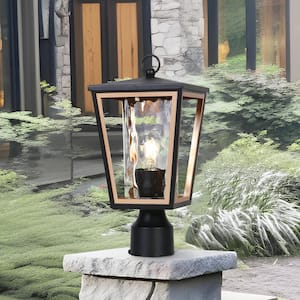 Modern 1-Light Black Metal Hardwired Outdoor Weather Resistant Post Light with Cylinder Glass Shade, No Bulbs Included