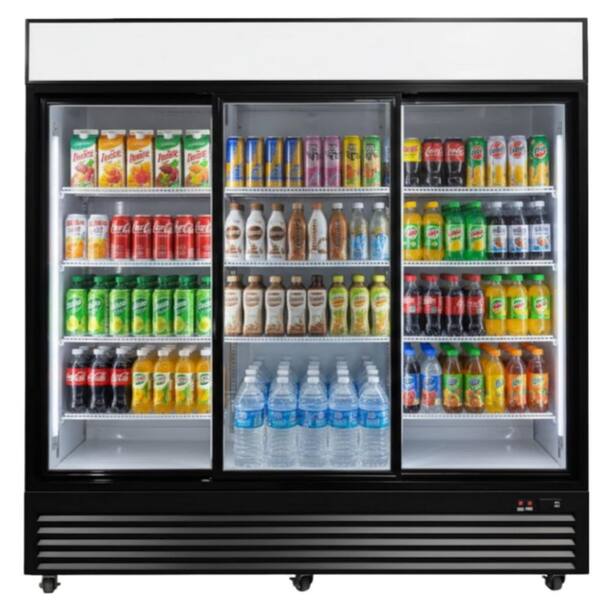 78 in. 72 cu. ft. Commercial Three Sliding Door Display Upright Cooler Merchandiser in Black