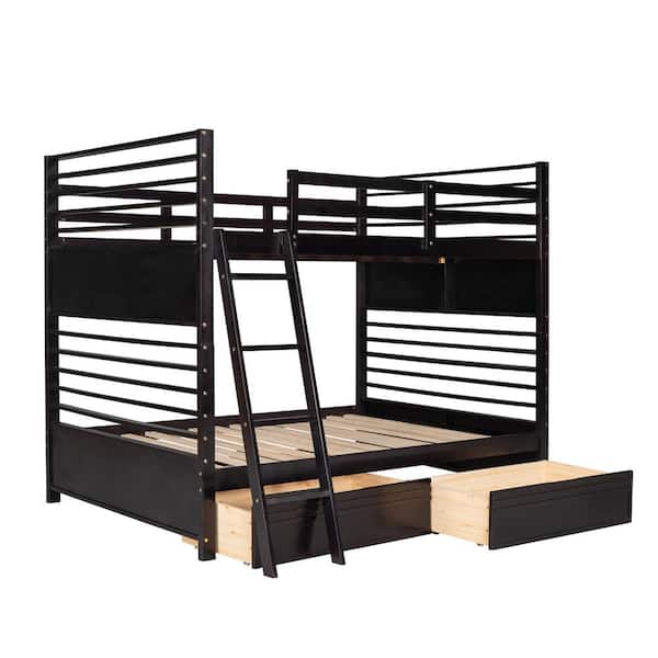 URTR Espresso Full Over Full Wood Bunk Bed with 2-Drawers, Detachable Bunk Bed Frame with Ladders for Kids, Teens