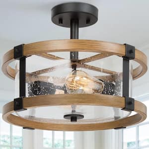 Farmhouse 2-Light Brown Modern Semi-Flush Mount Ceiling Lighting Fixture with Seeded Glass Shade and Faux Wood Accent