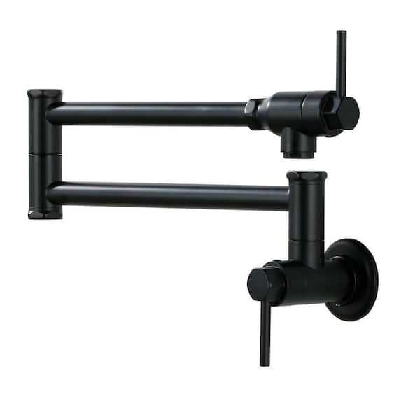 Contemporary Wall-Mounted Brass Double-Handle Faucet with Double Joint Swing Arms in Matte Black