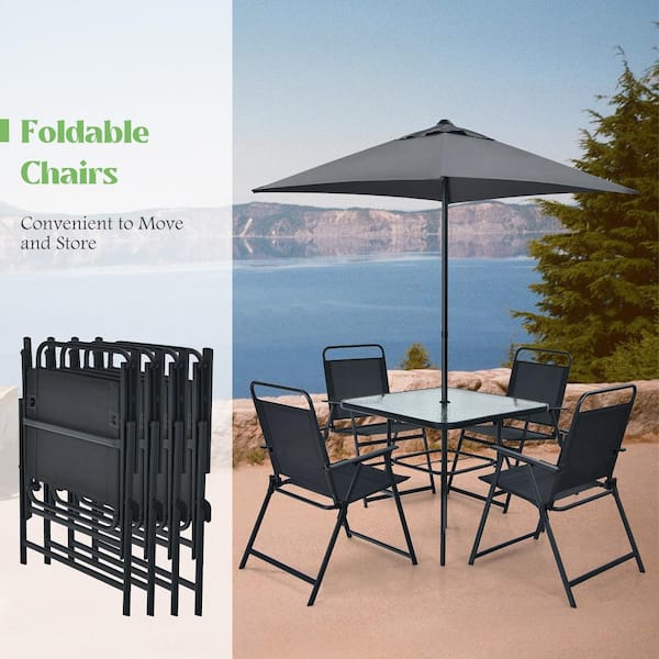6-Pieces Patio Metal Furniture Outdoor Dining Set Folding Chairs Glass Table with Umbrella Deck Grey