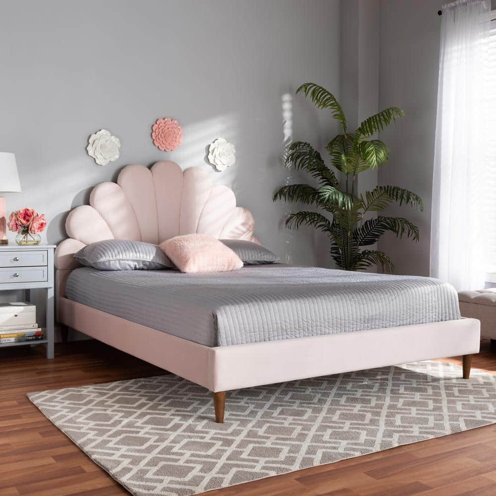 Queen Light Pink Velvet Tufted Platform Bed with Walnut Legs