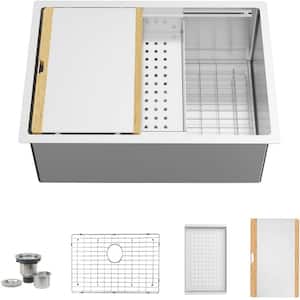 32 in. Undermount Single Bowl 16 Gauge Stainless Steel Kitchen Sink with Bottom Grid, Drain and Cutting Board