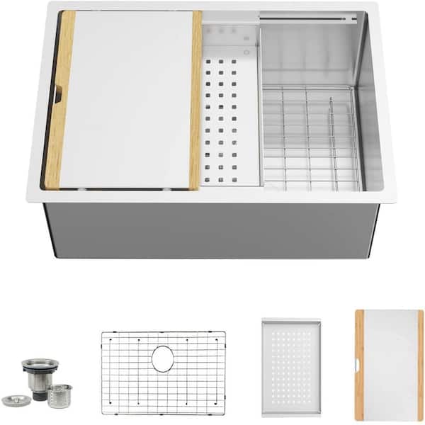 JASIWAY 32 in. Undermount Single Bowl 16 Gauge Stainless Steel Kitchen Sink with Bottom Grid, Drain and Cutting Board