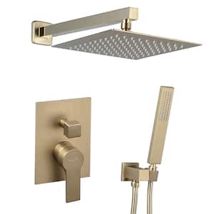 Single-Handle 2-Spray Square High Pressure Shower Faucet in Brushed Gold (Valve Included)