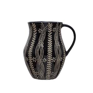 8.5 in. 64 fl. oz. Black and Natural Stoneware Pitcher with Wax Relief Botanicals