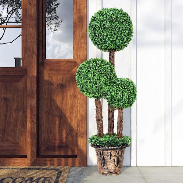 41 In. Plastic Artificial Topiary Triple Ball Tree Garden Decor 