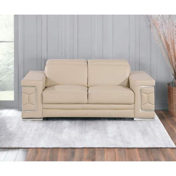 HomeRoots 71 in. Beige Solid Leather 2-Seater Loveseat