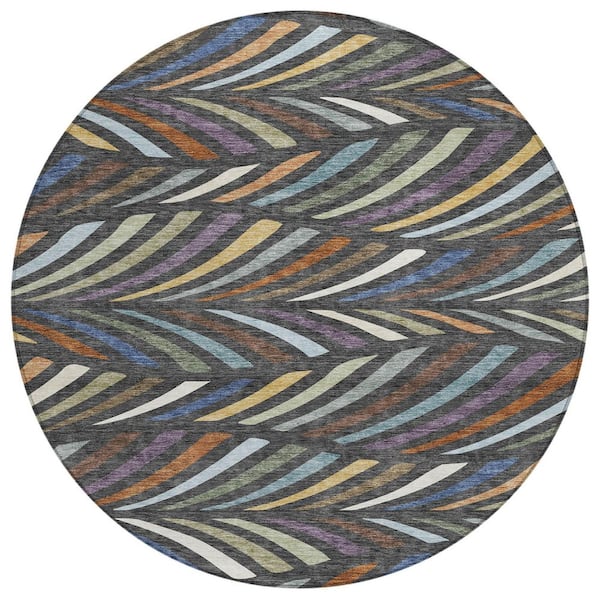 Chantille Machine Washable Indoor/Outdoor Abstract ACN2475 Charcoal 8 ft. x 8 ft. Round Rug