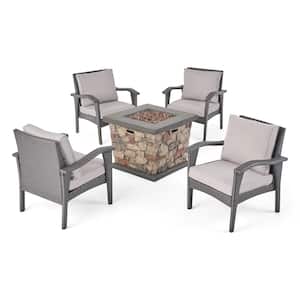 Kanihan Grey 5-Piece Faux Rattan Outdoor Patio Fire Pit Seating Set with Light Grey Cushions