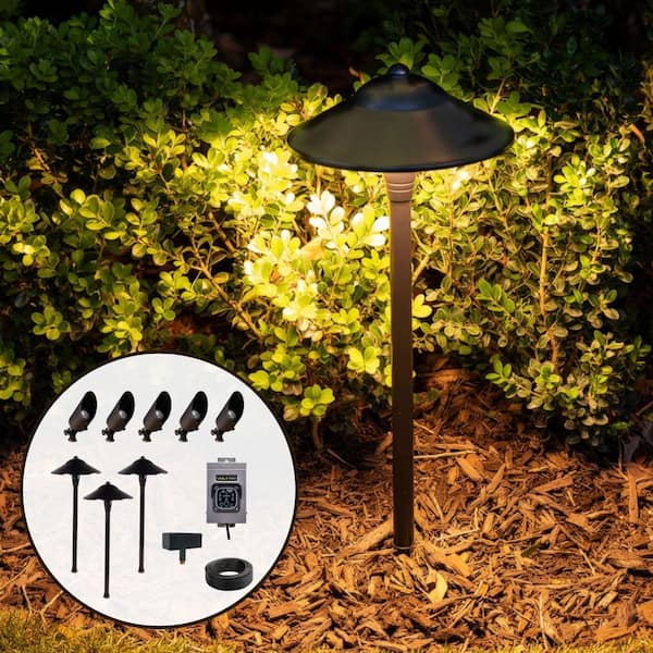 Hardwired Brass Black LED Landscape Lighting Kit with 100W Transformer, 5 Spotlights & 3 Path Lights