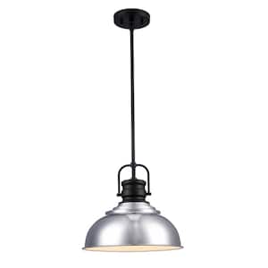 Shelston 13 in. 1-Light Chrome and Black Farmhouse Pendant Light Fixture with Metal Shade