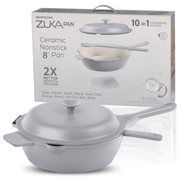 Zuka Everyday Pan 1.25 qt. Aluminum 10 in 1 Ceramic Nonstick Multi-Functional Saute Pan with Lid, Nylon Spoon